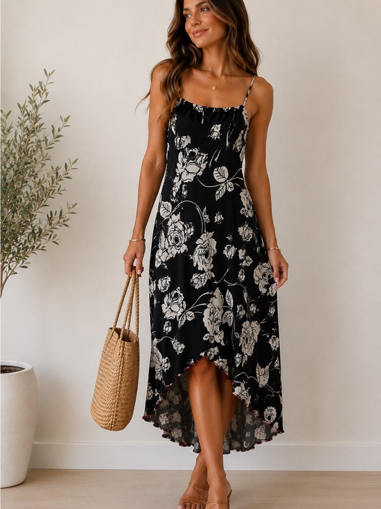 Dresses & Skirts - Black & White Floral Slip Dress with Spaghetti Straps